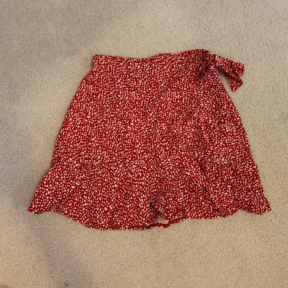 Red and White Polka Dot Wrap Ruffle Skirt